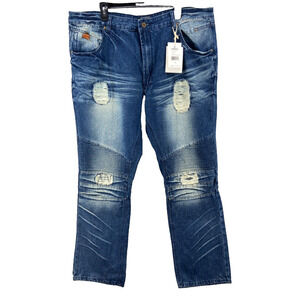 NWT PARISH NATION Jeans Sz 46 Blue Denim Distressed Faded Ripped Dark Stone Wash